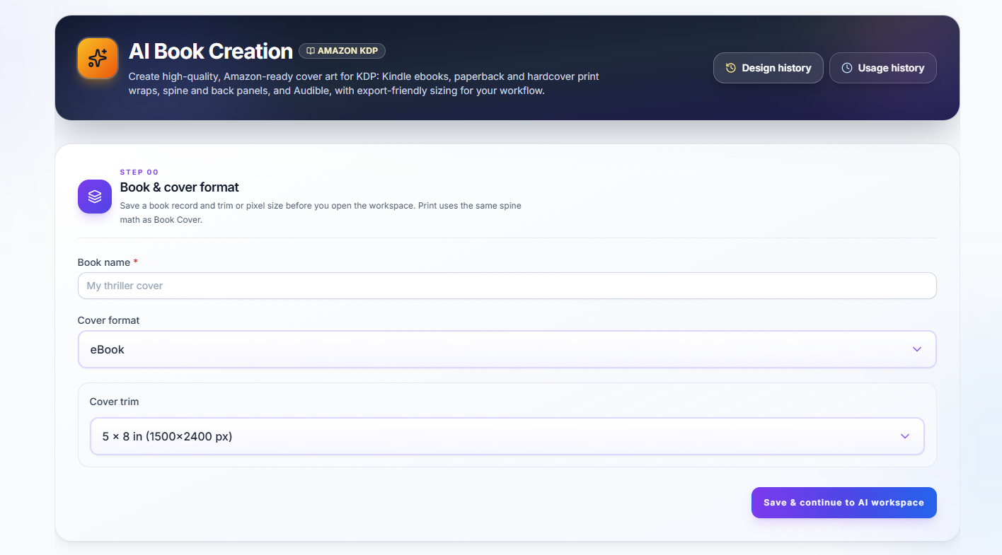 AI book cover creation dashboard screenshot