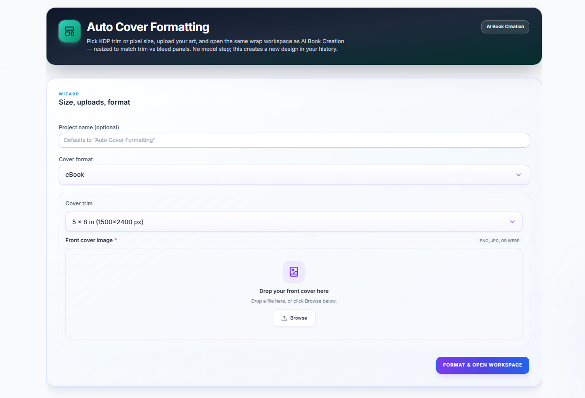 Auto cover formatting dashboard screenshot