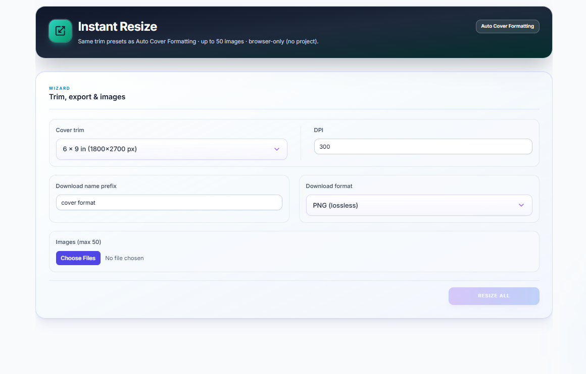 Instant resize dashboard screenshot