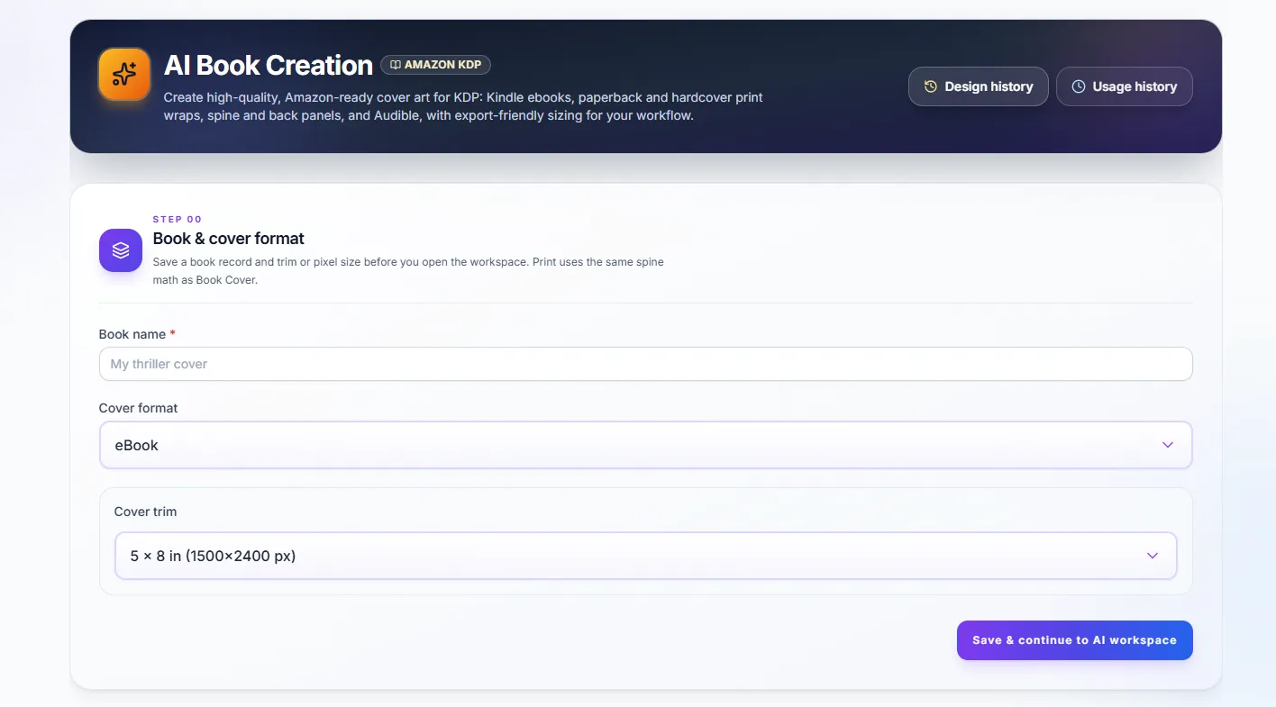 AI book cover creation dashboard screenshot