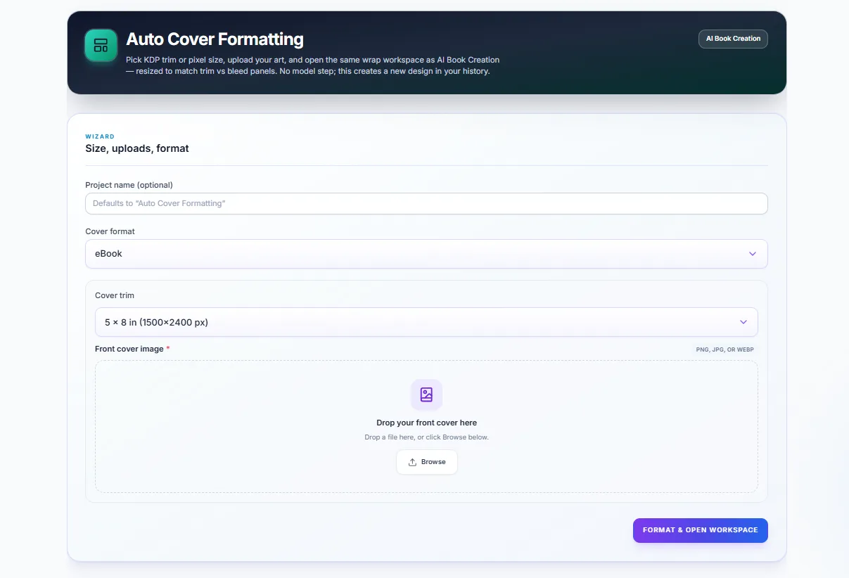 Auto cover formatting dashboard screenshot