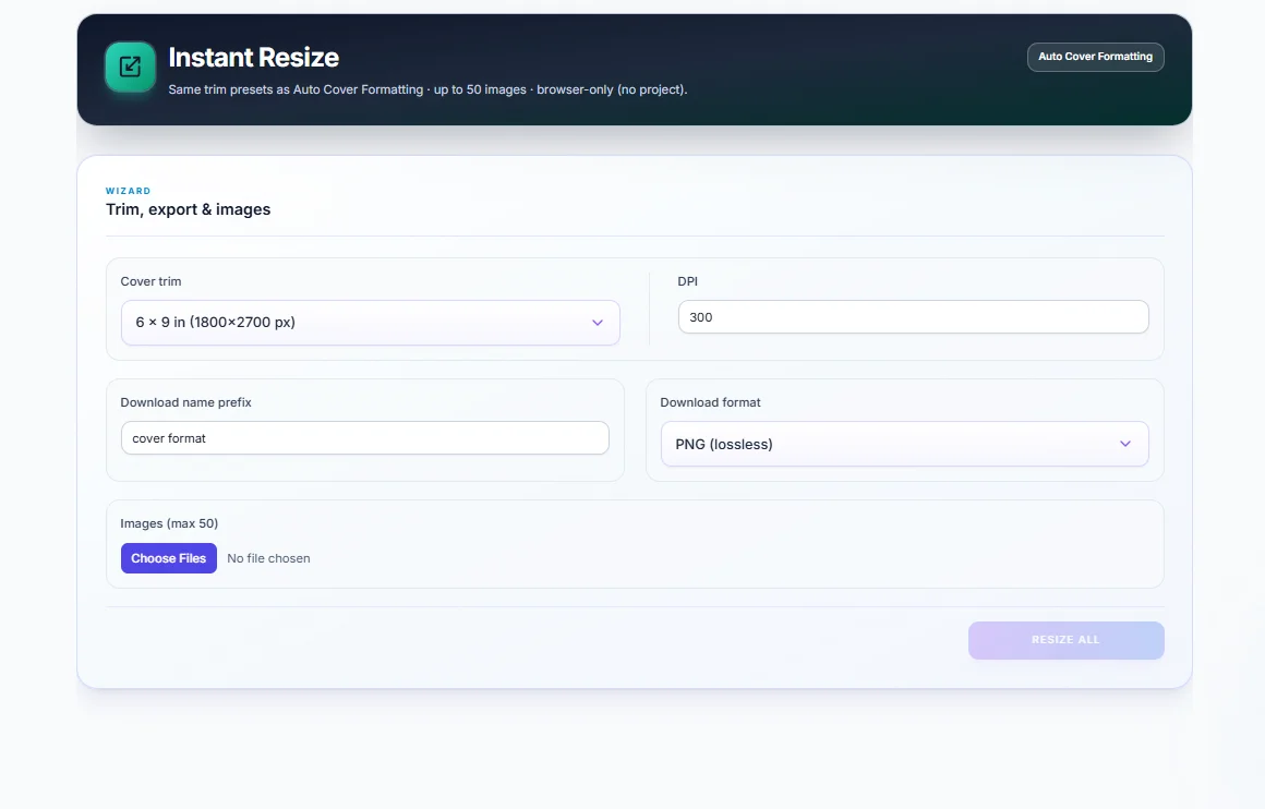 Instant resize dashboard screenshot
