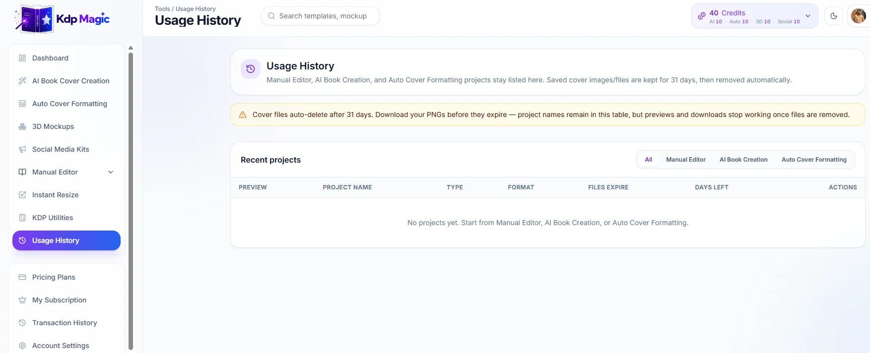 Usage history and dashboard screenshot